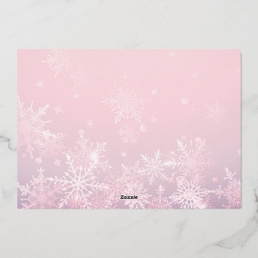 ピンクのクリスマスフォトスノーフレーク初めてのクリスマス 箔シーズンカード (裏面)