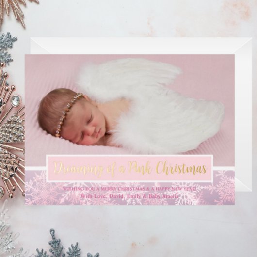 ピンクのクリスマスフォトスノーフレーク初めてのクリスマス 箔シーズンカード