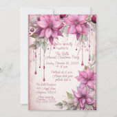 ピンクのクリスマスフラワークリスマスパーティー 招待状 (正面)