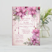 ピンクのクリスマスフラワークリスマスパーティー 招待状 (スタンド正面)