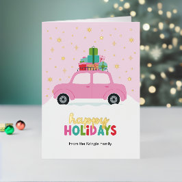 ピンクのクリスマスプレゼント付きホリデーカー 箔シーズンカード