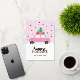 ピンクのクリスマスプレゼント付きホリデーカー 箔シーズンカード