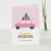 ピンクのクリスマスプレゼント付きホリデーカー 箔シーズンカード (正面)