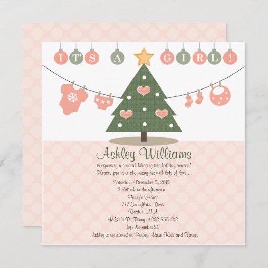 ピンクのクリスマスベイビーシャワー招待状 シーズンカード (正面/裏面)