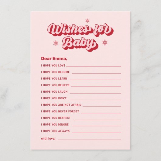ピンクのクリスマスベビーシャワーの願いベビーゲーム ノートカード (正面)