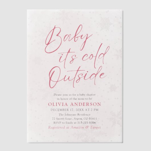 ピンクのクリスマスベビーベビーシャワー外は寒い ベラム紙招待状 (正面)