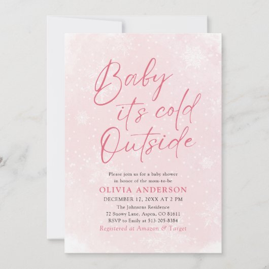 ピンクのクリスマスベビーベビーシャワー外は寒い 招待状 (正面)