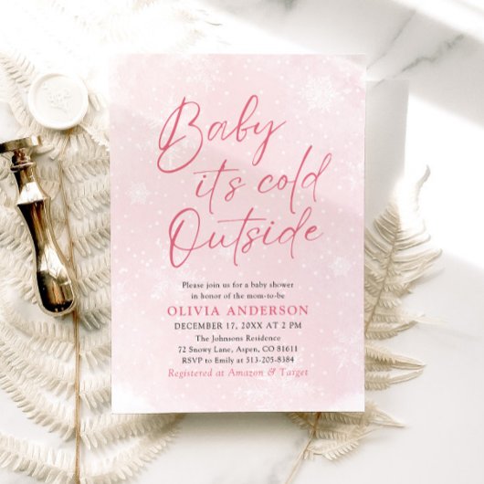 ピンクのクリスマスベビーベビーシャワー外は寒い 招待状