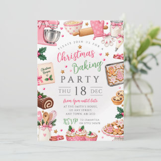 ピンクのクリスマスベーキングパーティーとクッキーおやつ 招待状