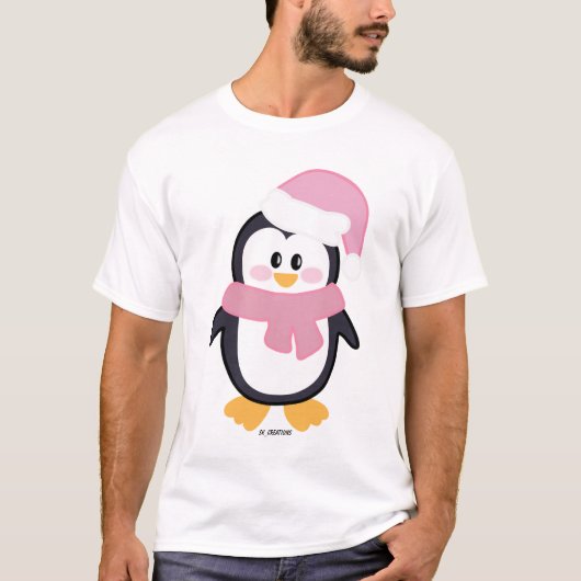 ピンクのクリスマスペンギンTシャツ Tシャツ (正面)