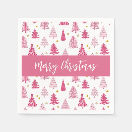 ピンクのクリスマスホリデーツリー スタンダードカクテルナプキン (正面)