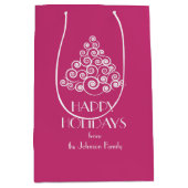 ピンクのクリスマスホワイトクリスマスツリーメッセージ ミディアムペーパーバッグ (正面)