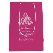 ピンクのクリスマスホワイトクリスマスツリーメッセージ ミディアムペーパーバッグ (裏面)