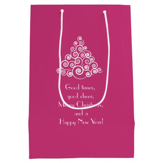ピンクのクリスマスホワイトクリスマスツリーメッセージ ミディアムペーパーバッグ (裏面)