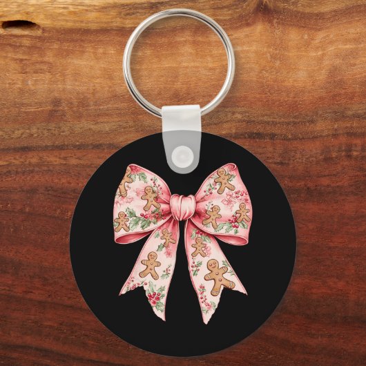 ピンクのクリスマスボウコケットクリスマスジンジャーブレッド女性 キーホルダー (正面)
