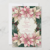 ピンクのクリスマスポインセチア冬の緑のパーティー 招待状 (正面)