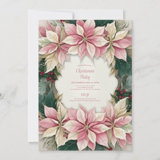 ピンクのクリスマスポインセチア冬の緑のパーティー 招待状 (正面)