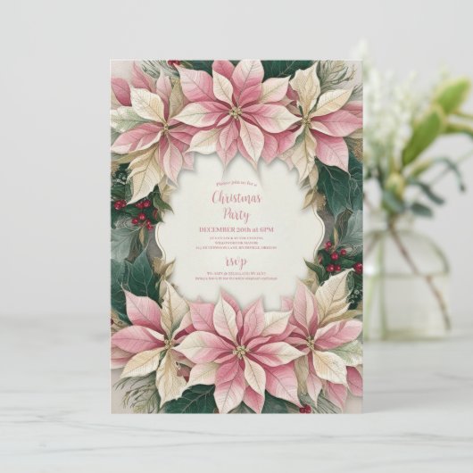 ピンクのクリスマスポインセチア冬の緑のパーティー 招待状 (スタンド正面)
