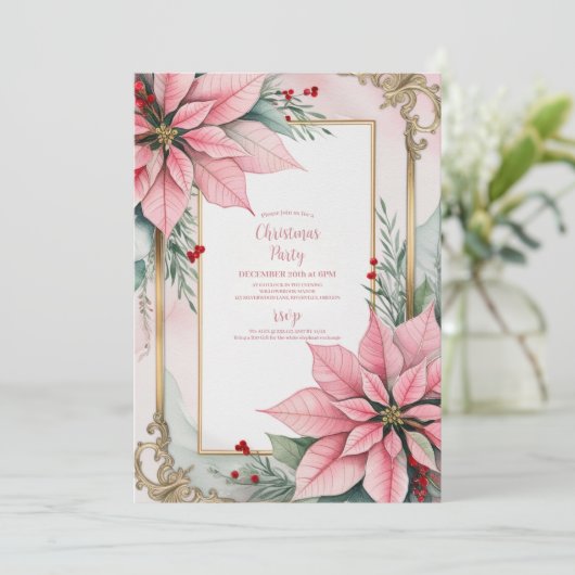 ピンクのクリスマスポインセチア冬結婚の緑 招待状 (スタンド正面)
