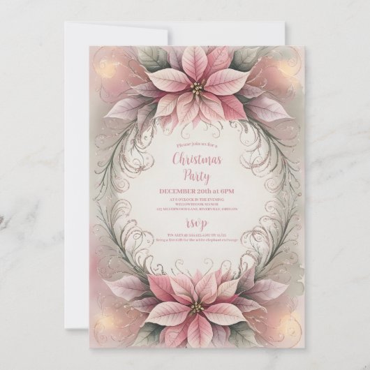ピンクのクリスマスポインセチア冬結婚の緑 招待状 (正面)