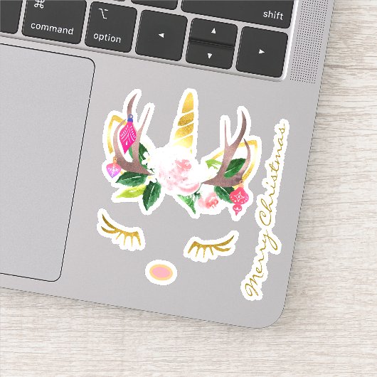 ピンクのクリスマスユニコーンまぶし〔雄ジカの〕枝角と鼻 シール (詳細)