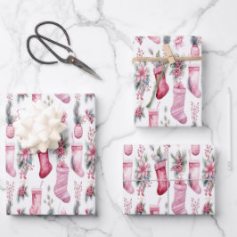 ピンクのクリスマスラッピングとストッキング松の枝 ラッピングペーパーシート