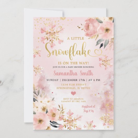ピンクのクリスマスリトルスノーフレークフローラベビーシャワー 招待状 (正面)