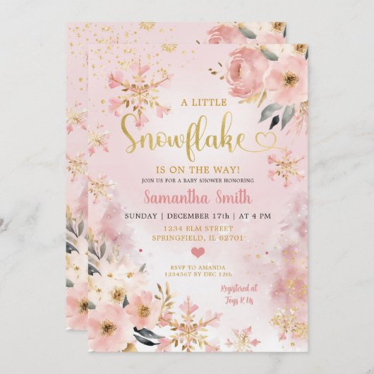 ピンクのクリスマスリトルスノーフレークフローラベビーシャワー 招待状 (正面/裏面)