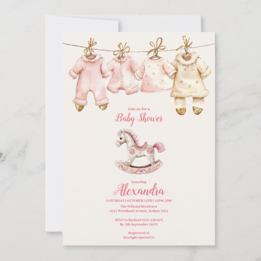 ピンクのクリスマスロッキングホース赤ちゃんシャワー 招待状 (正面)