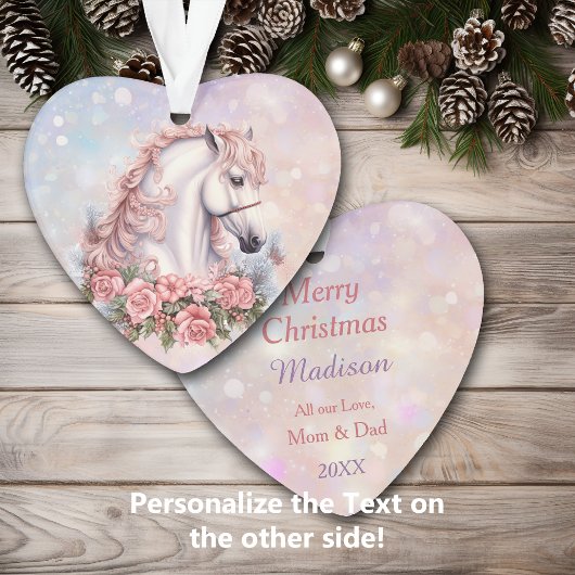 ピンクのクリスマスローズブーケホワイトホースキッズ オーナメント