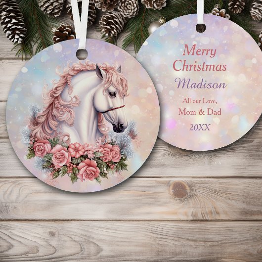ピンクのクリスマスローズブーケホワイトホースキッズ メタルオーナメント