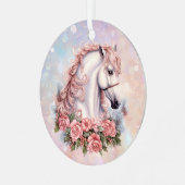 ピンクのクリスマスローズブーケホワイトホースキッズ メタルオーナメント (正面左)