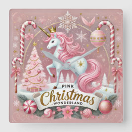 ピンクのクリスマスワンダーランドユニコーン スクエア壁時計