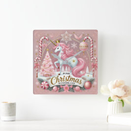 ピンクのクリスマスワンダーランドユニコーン スクエア壁時計
