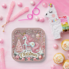 ピンクのクリスマスワンダーランドユニコーン ペーパープレート