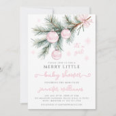 ピンクのクリスマス冬のオーナメントベビーガールシャワー 招待状 (正面)