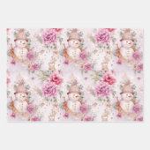 ピンクのクリスマス冬の雪だるま花模様水色 ラッピングペーパーシート (正面3)