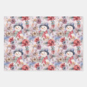 ピンクのクリスマス冬の雪だるま花模様水色 ラッピングペーパーシート (正面2)