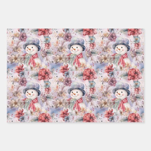 ピンクのクリスマス冬の雪だるま花模様水色 ラッピングペーパーシート (正面2)