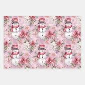ピンクのクリスマス冬の雪だるま花模様水色 ラッピングペーパーシート (正面)
