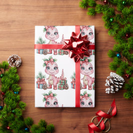 ピンクのクリスマス恐竜の女の子ベビーシャワー ラッピングペーパー