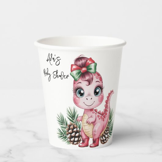 ピンクのクリスマス恐竜の女の子ベビーシャワー 紙コップ (正面)