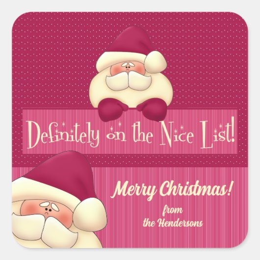 ピンクのクリスマス水玉模様とサンタネーム スクエアシール (正面)