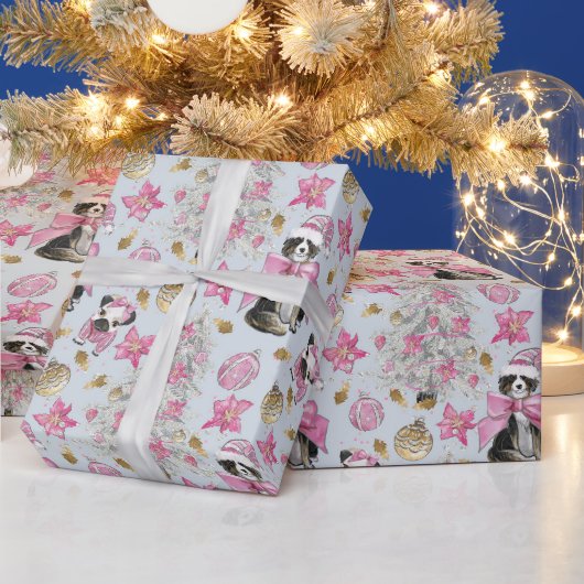 ピンクのクリスマス犬 ラッピングペーパー (クリスマス)