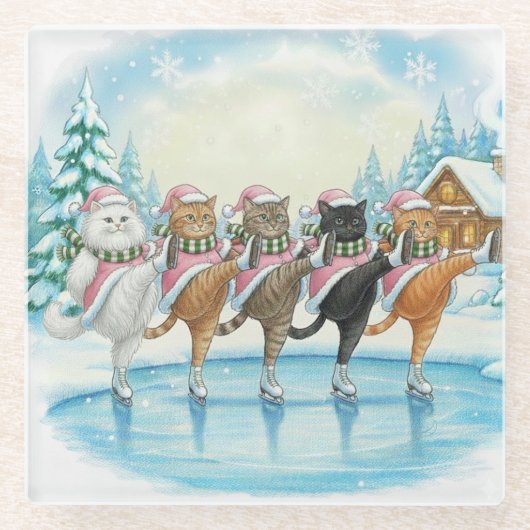 ピンクのクリスマス猫スケーター グラス コースター (正面)