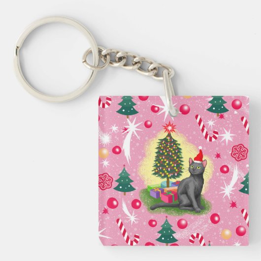 ピンクのクリスマス猫 キーホルダー (正面)