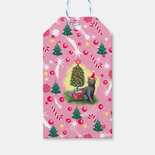 ピンクのクリスマス猫 ギフトタグ (正面)