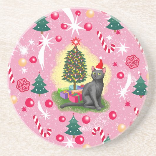 ピンクのクリスマス猫 コースター (正面)