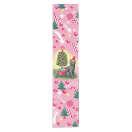 ピンクのクリスマス猫 ショートテーブルランナー