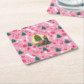 ピンクのクリスマス猫 スクエアペーパーコースター (アングル)